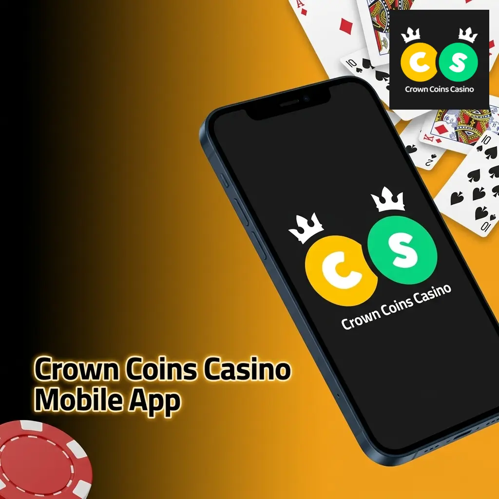 Crown Coins Casino mobile app interface shown on iOS and Android devices with full game library access